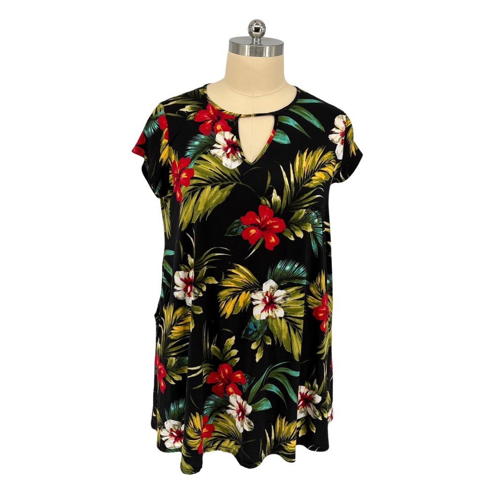 Vibe Sportswear Shift Dress Black Tropical Floral Keyhole Pockets 2X
